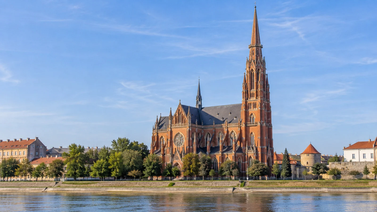 Osijek co-cathedral Saint Peter and Paul tall red-brick neo-Gothic church exterior, no people