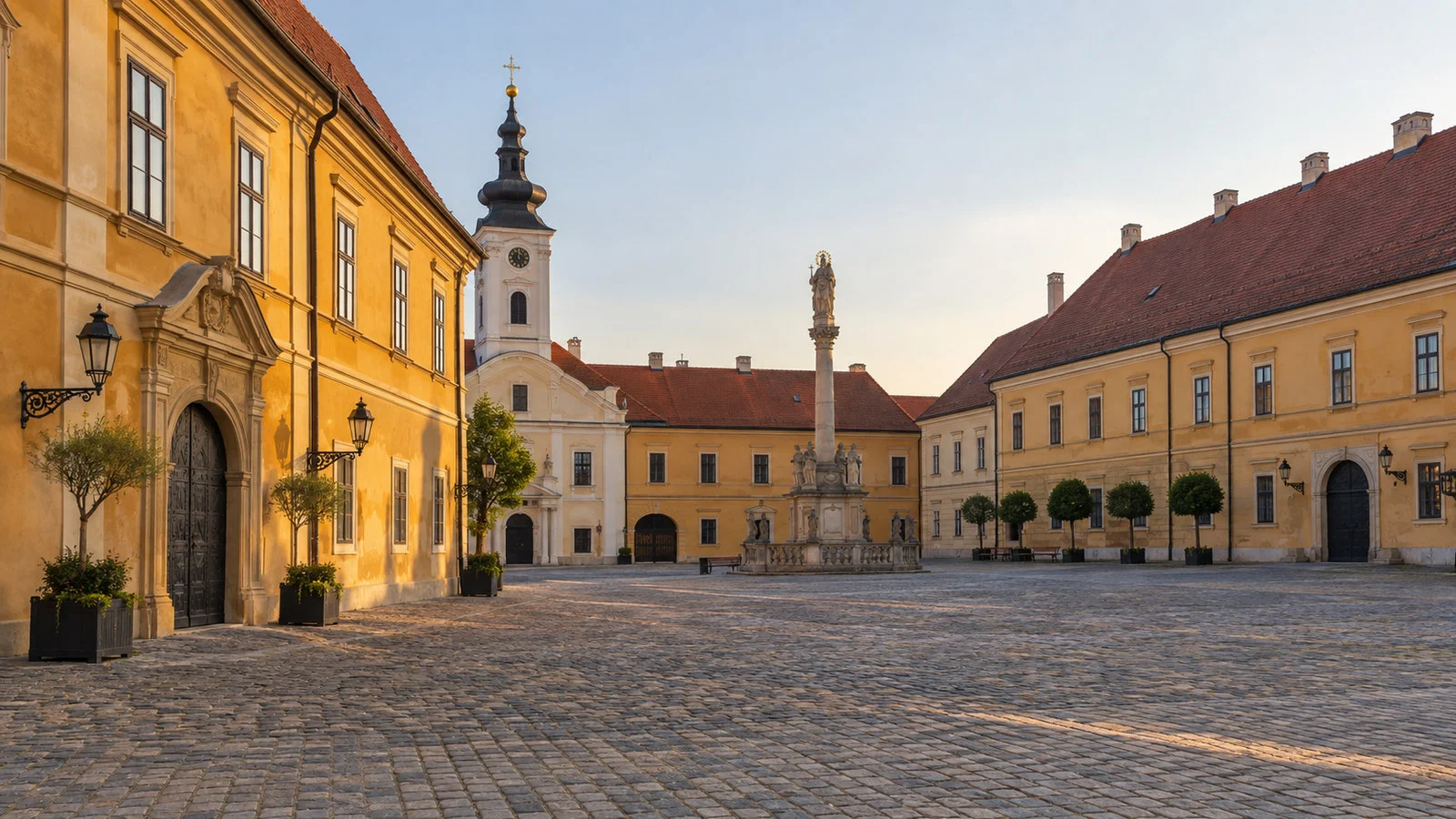 Tvrdja historic Baroque fortress district Osijek Croatia with cobbled square and ochre Habsburg buildings, no people