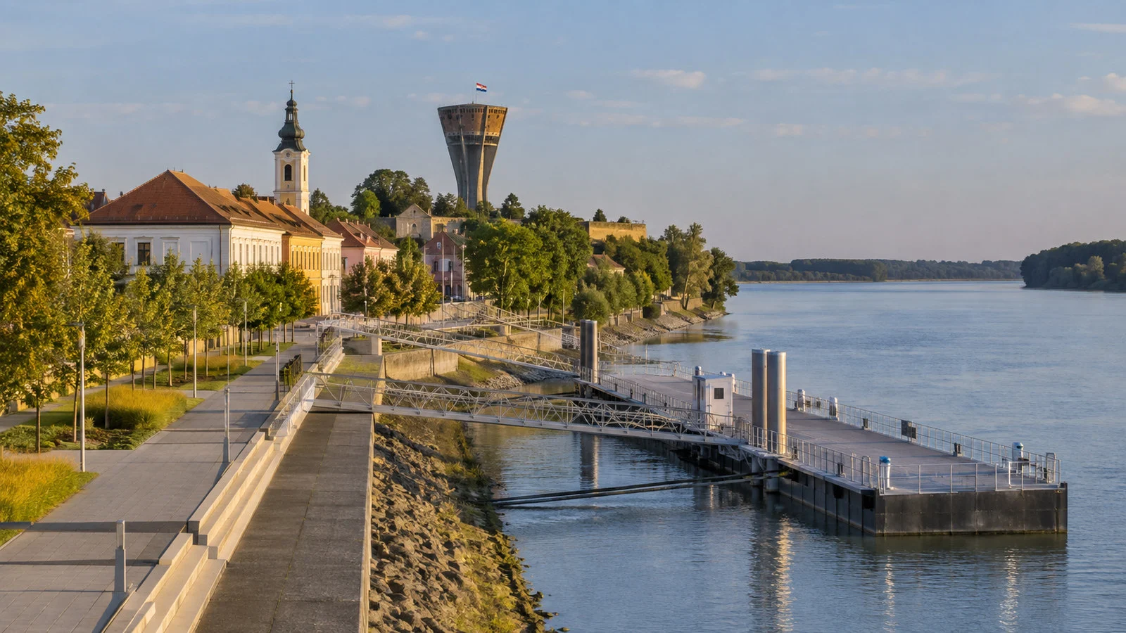 Vukovar Croatia Danube river landing with promenade and town buildings used for Osijek transfer, no people