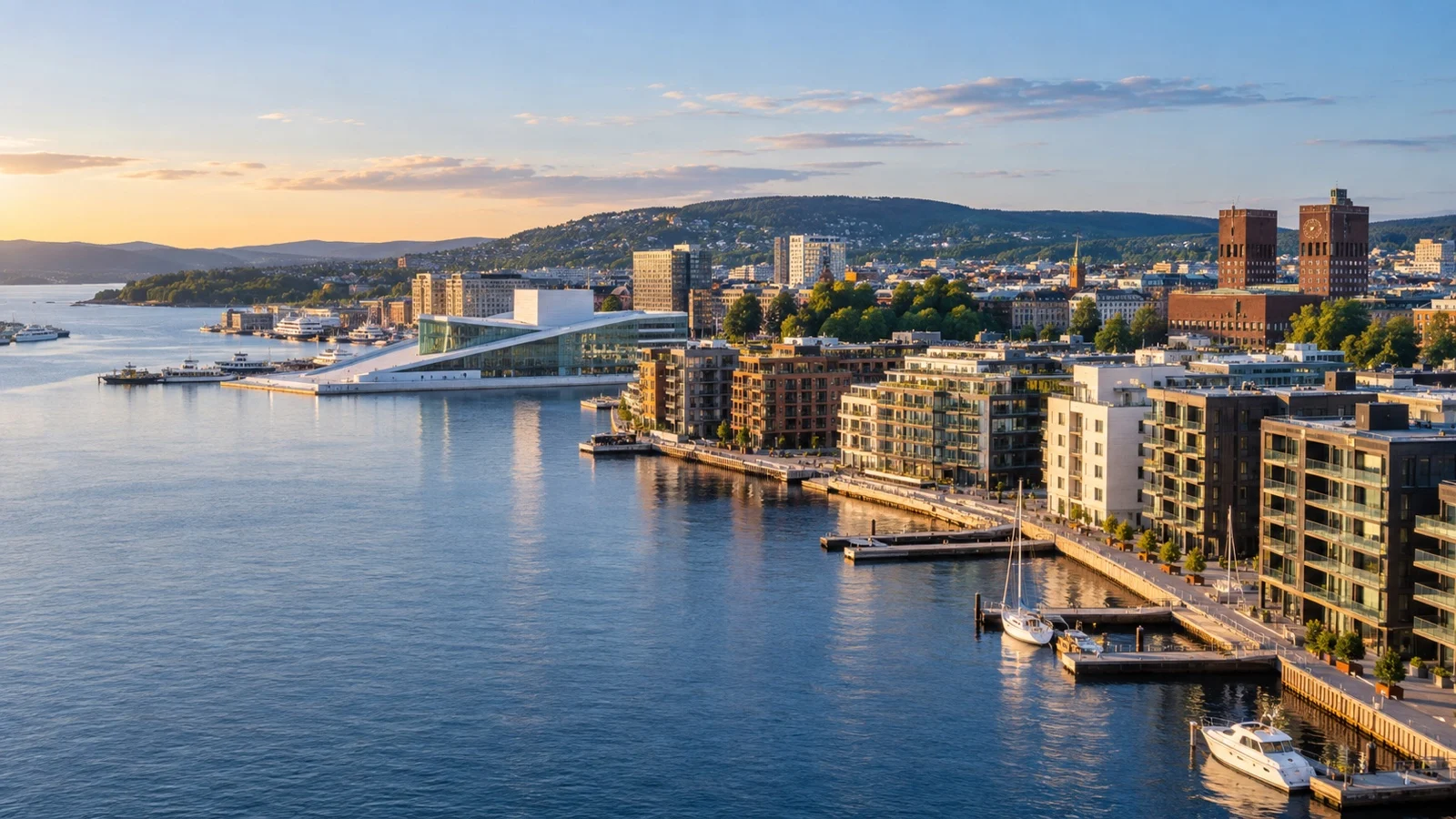 Panoramic Oslo harbor showing city hotels, Aker Brygge and the fjord