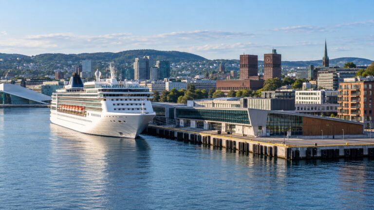 Oslo cruise quay at Revierkaia with a white cruise ship beside the fjord and city skyline