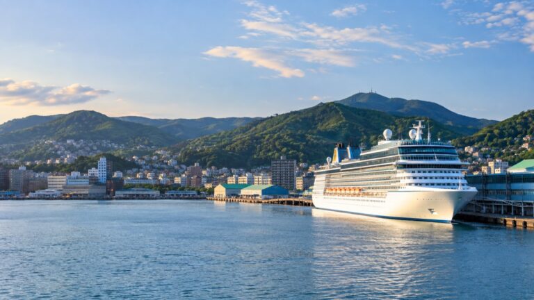 A cruise ship at Otaru port with the Hokkaido city and hills behind