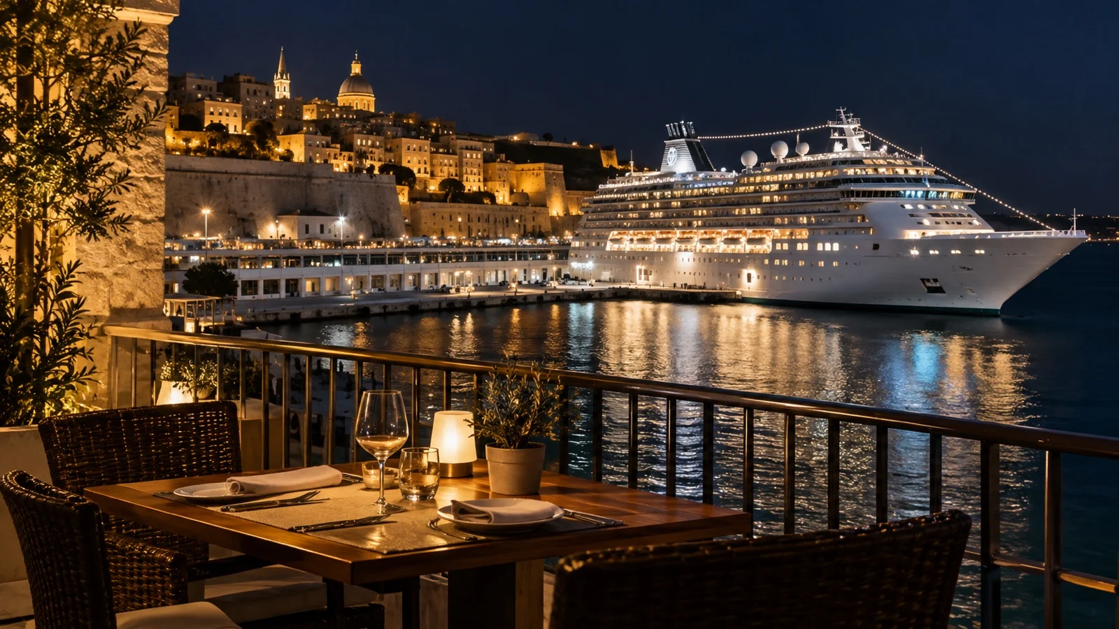 Empty restaurant table overlooking a docked cruise ship at night