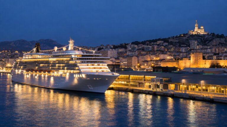 Cruise ship illuminated at a port berth after dark with city skyline beyond