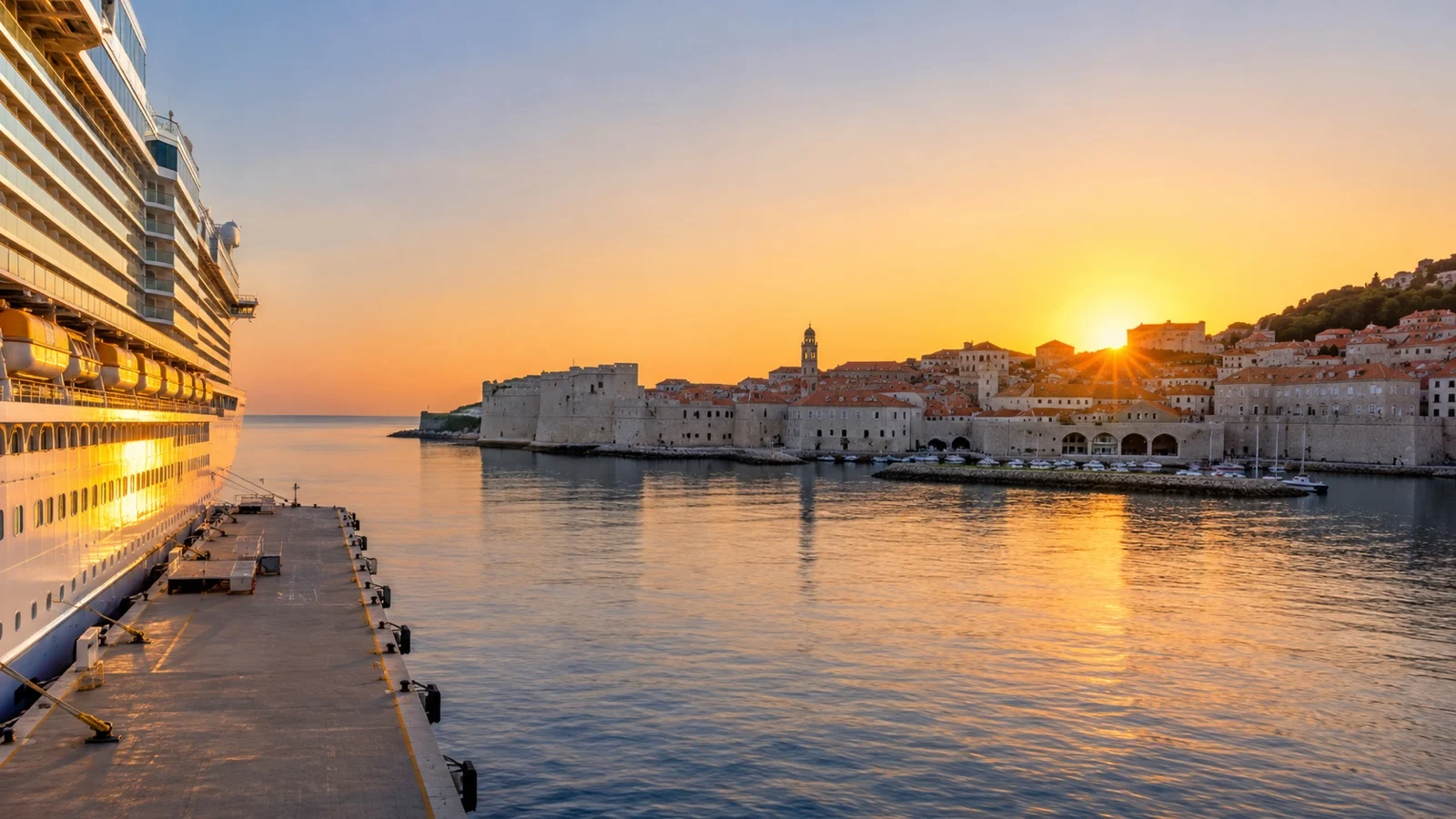 Cruise ship still docked at same port at sunrise