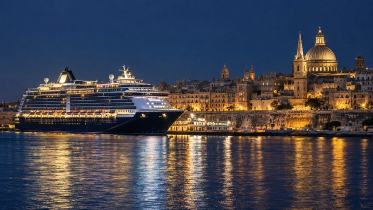 Cruise ship illuminated at berth in a historic city port after dark