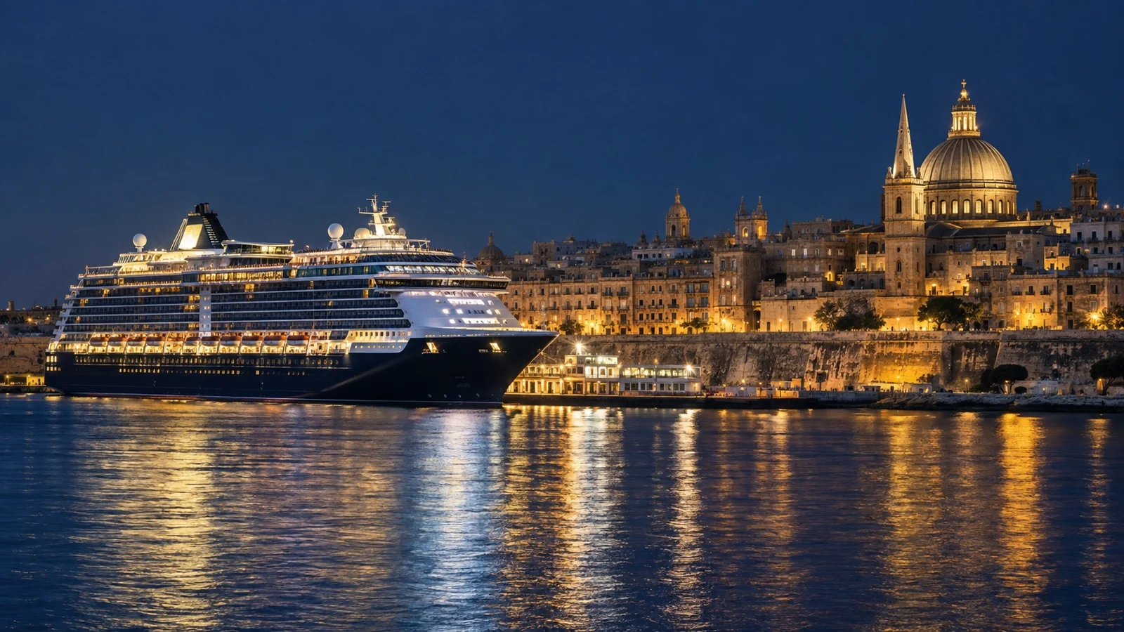 Cruise ship illuminated at berth in a historic city port after dark