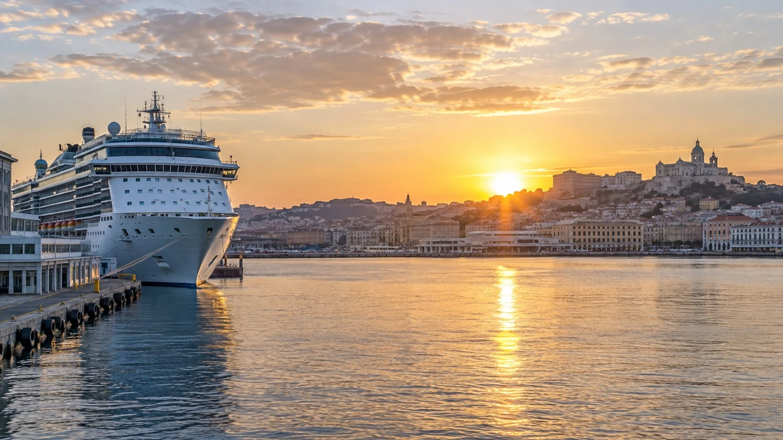 Cruise ship still docked at a city port at sunrise after an overnight stay