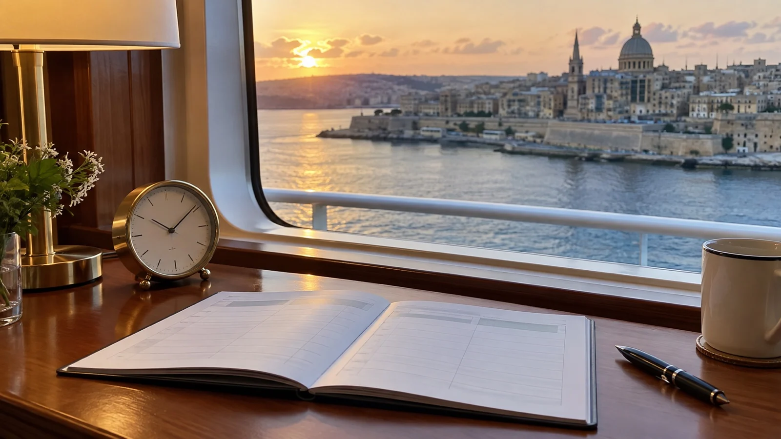 Blank two-day cruise port itinerary on a cabin desk beside clock, no readable text