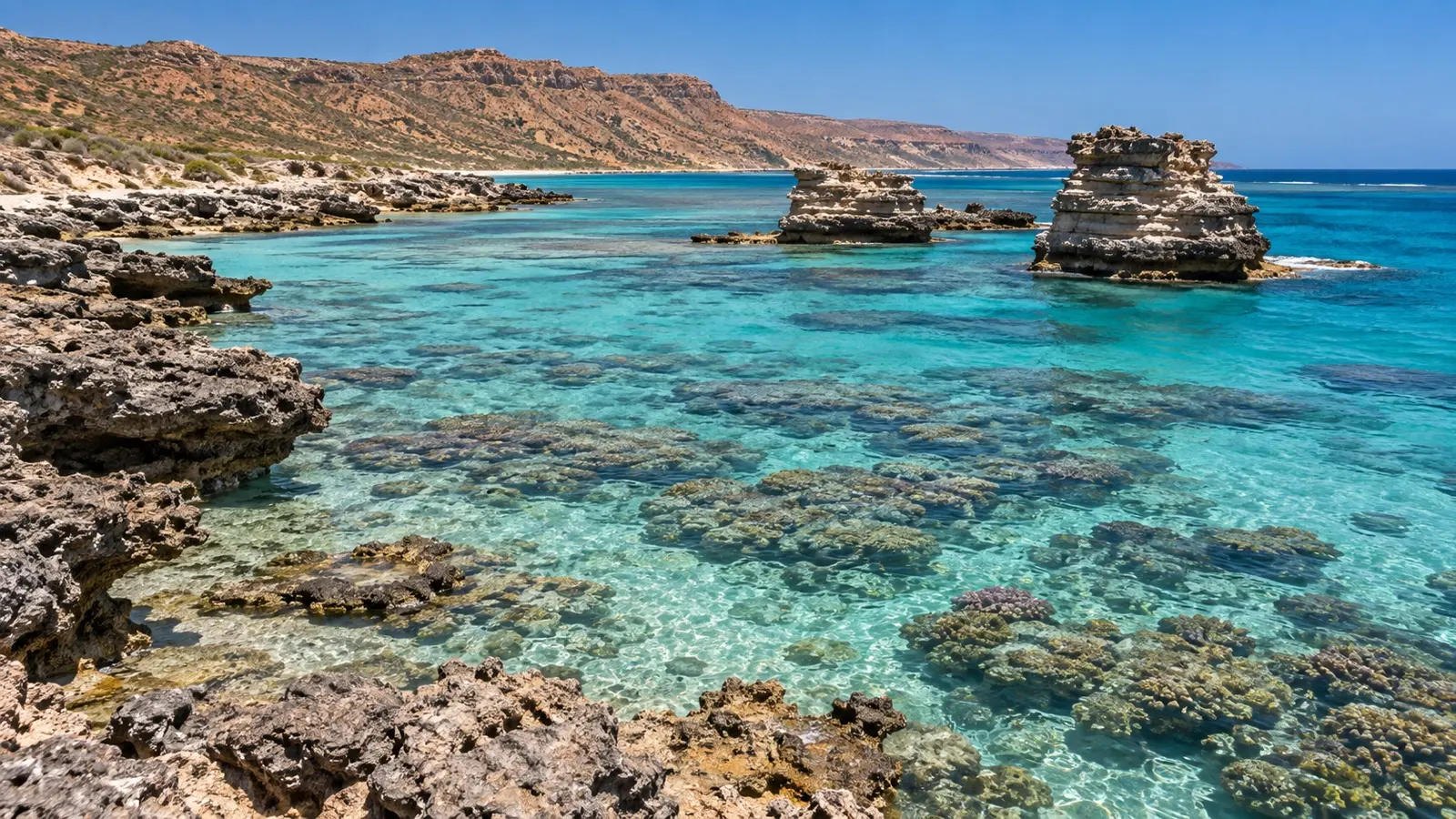 Rocky shore and shallow water at Oyster Stacks, Ningaloo Reef