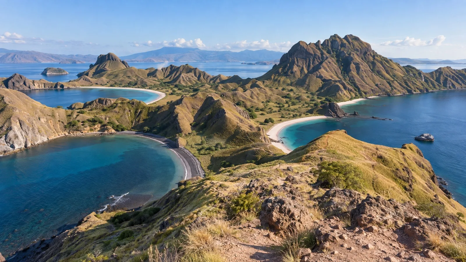 Rugged Padar Island ridge above several curved bays