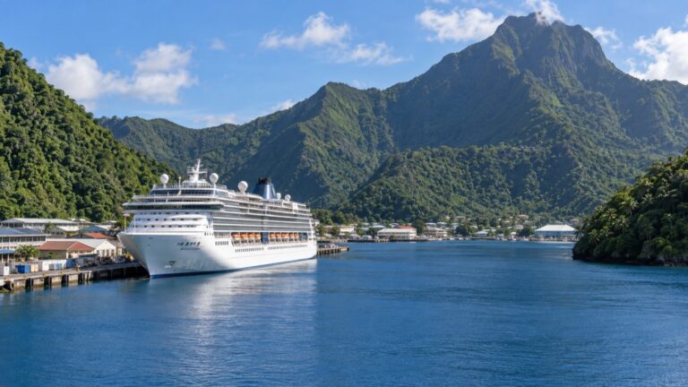 Cruise ship at Pago Pago Harbor below green mountains