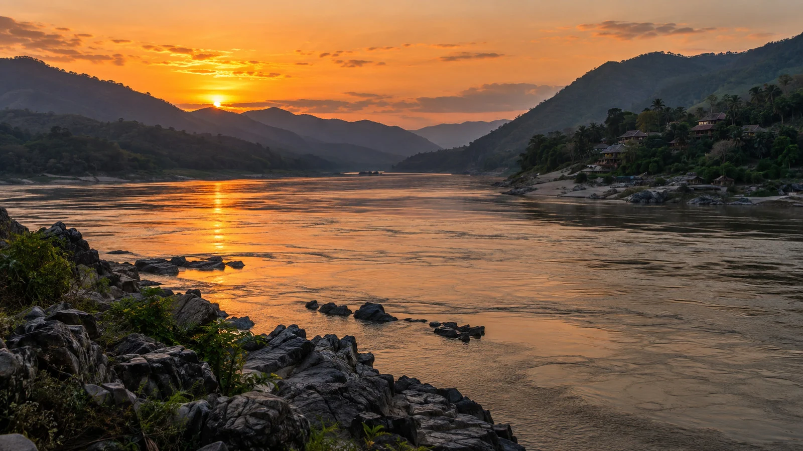 Mekong River valley near Pak Beng at sunset