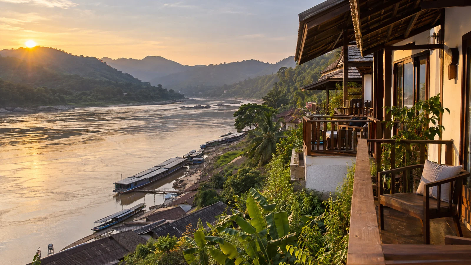 Riverside hotel terraces overlooking the Mekong at Pak Beng