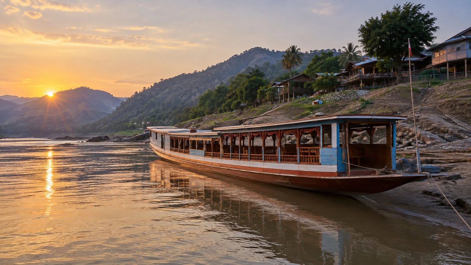 Wooden passenger boat on the Mekong at Pak Beng