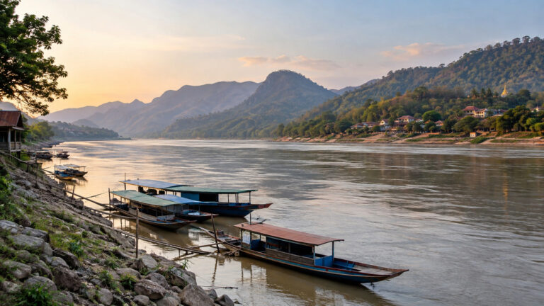 Small boats along the Mekong River at Pak Lay, Laos