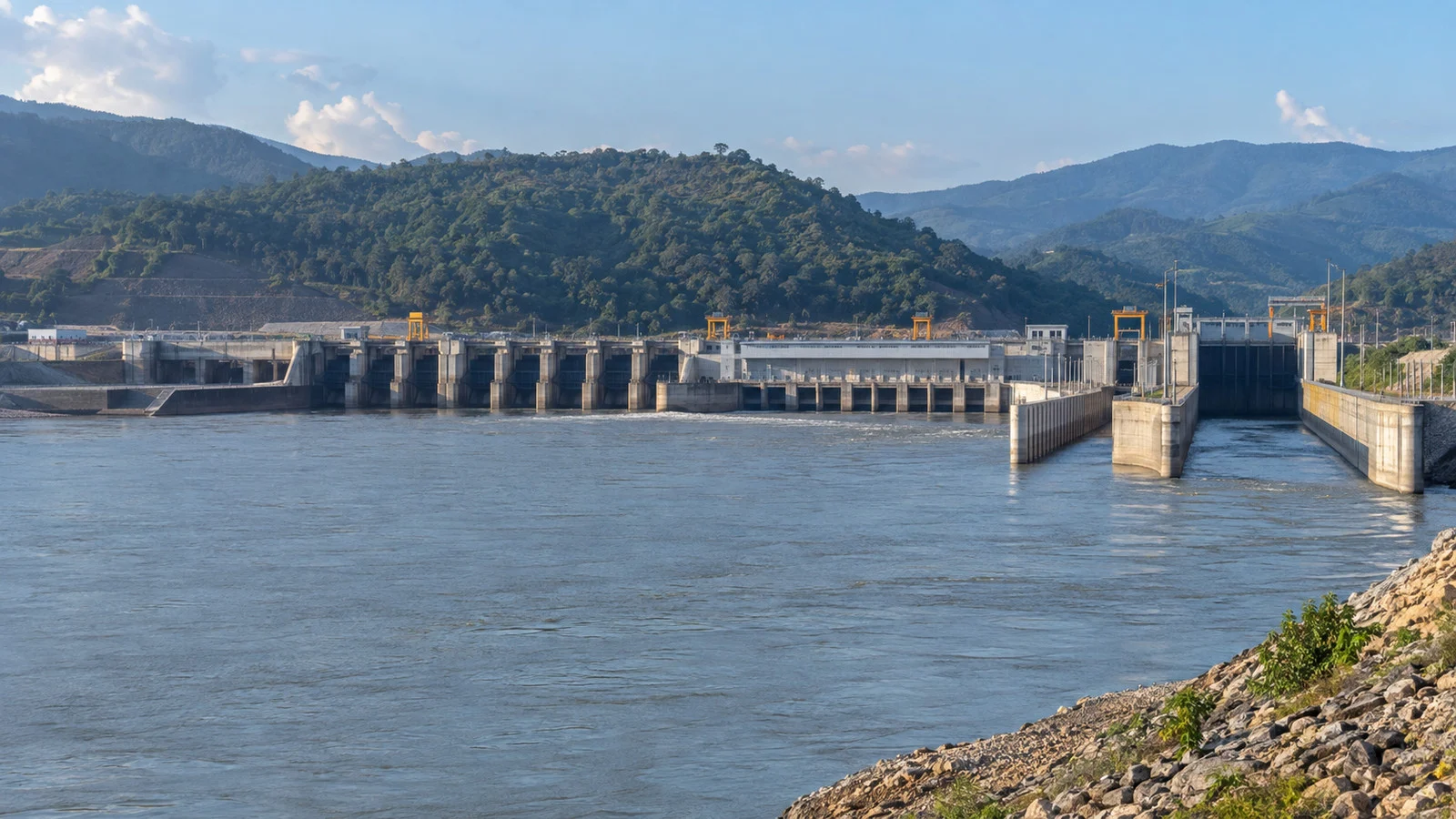 View of Xayaburi Dam and the Navigation Lock near Pak Lay