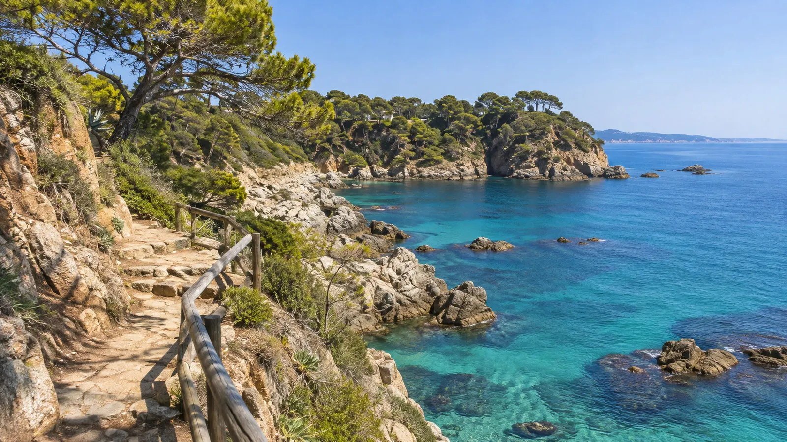 Camí de Ronda coastal path near Palamos winding above rocky turquoise Mediterranean coves, no people