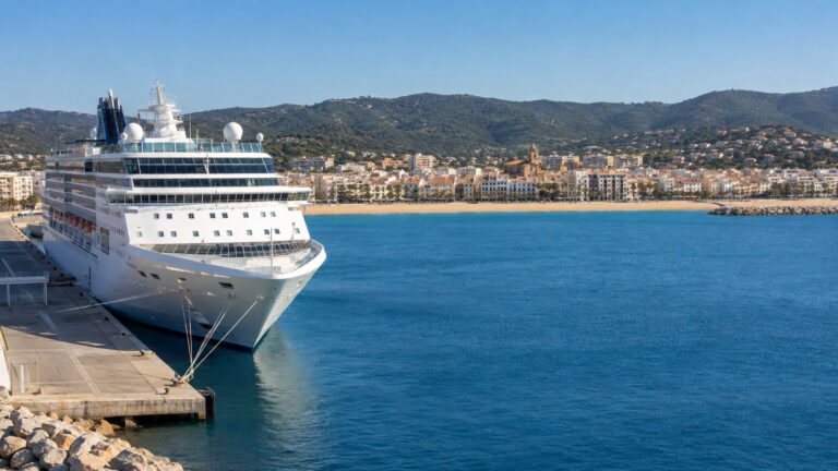 Cruise ship at Palamos Costa Brava Spain pier with Mediterranean waterfront town and sandy beach beyond, no people