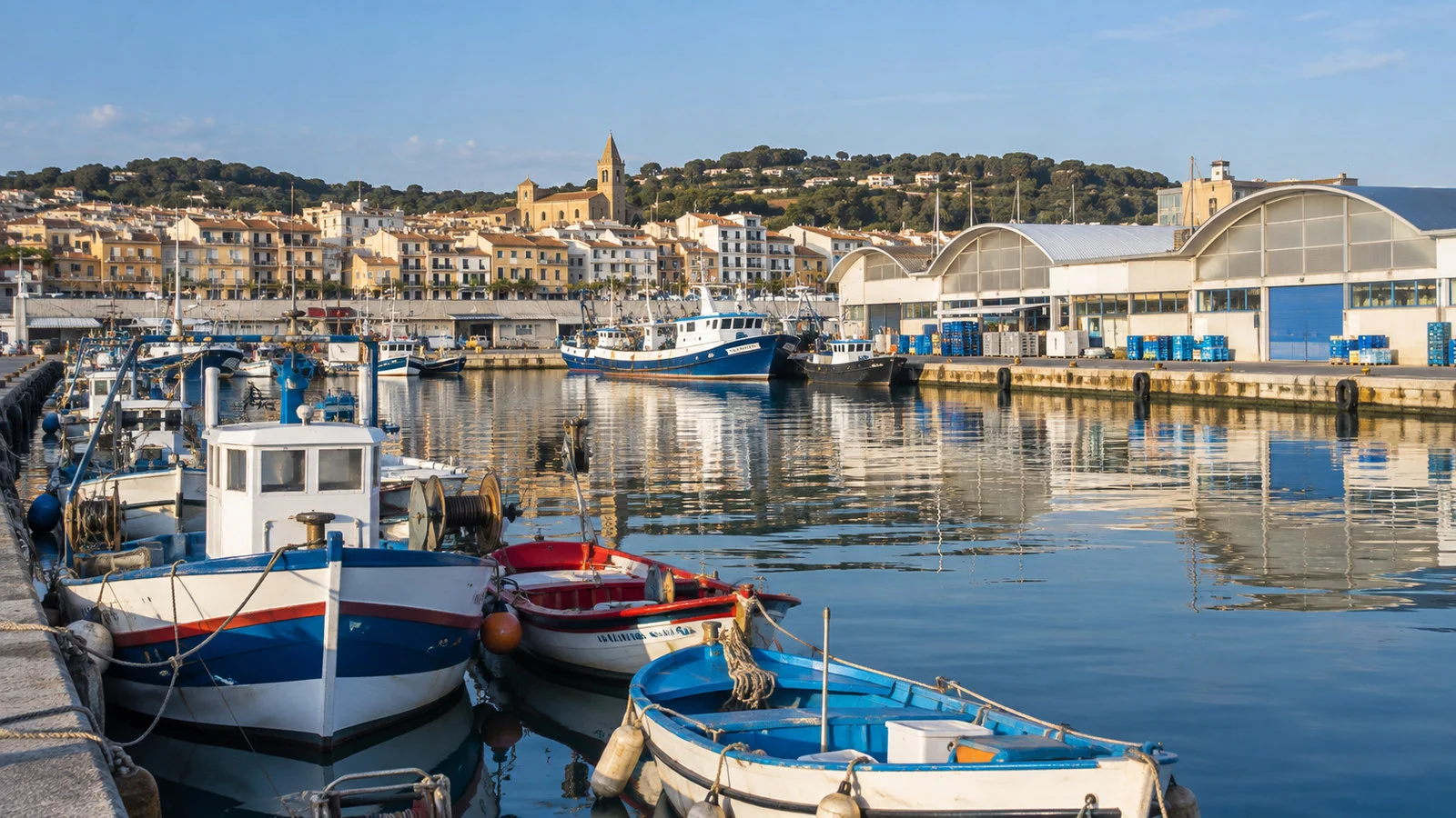 Palamos fishing harbor Costa Brava with colorful small boats and fish market buildings, no people