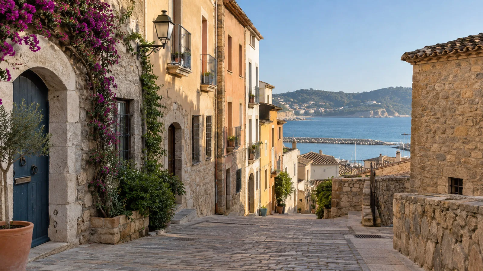 Palamos old-quarter Catalan stone streets and pastel facades near coast, empty morning