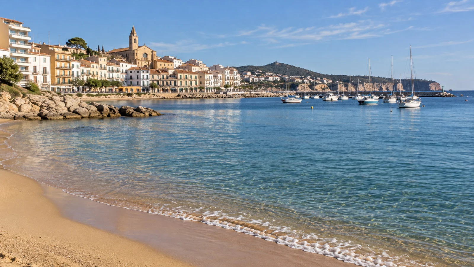 Palamos Spain town beach and sheltered Mediterranean bay with waterfront buildings, no people