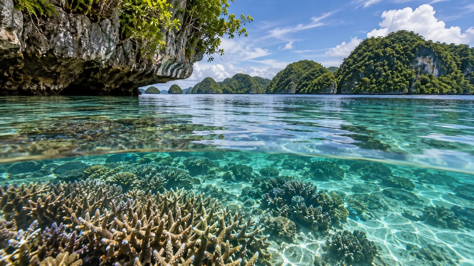 Healthy coral reef beneath clear lagoon water beside limestone islands in Palau
