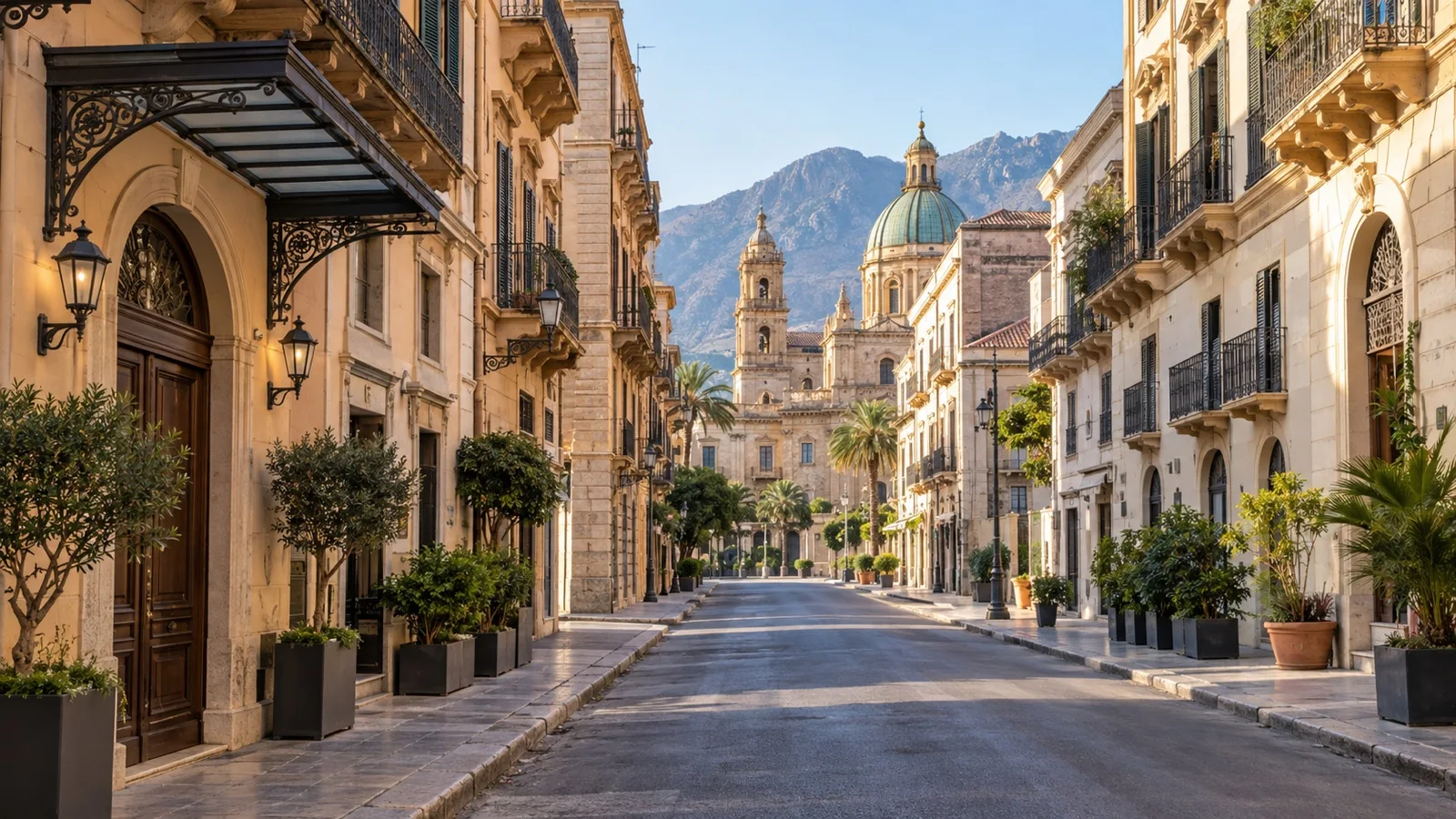Via Roma in central Palermo, modest hotel facades amid historic Italian architecture and an empty sunlit street