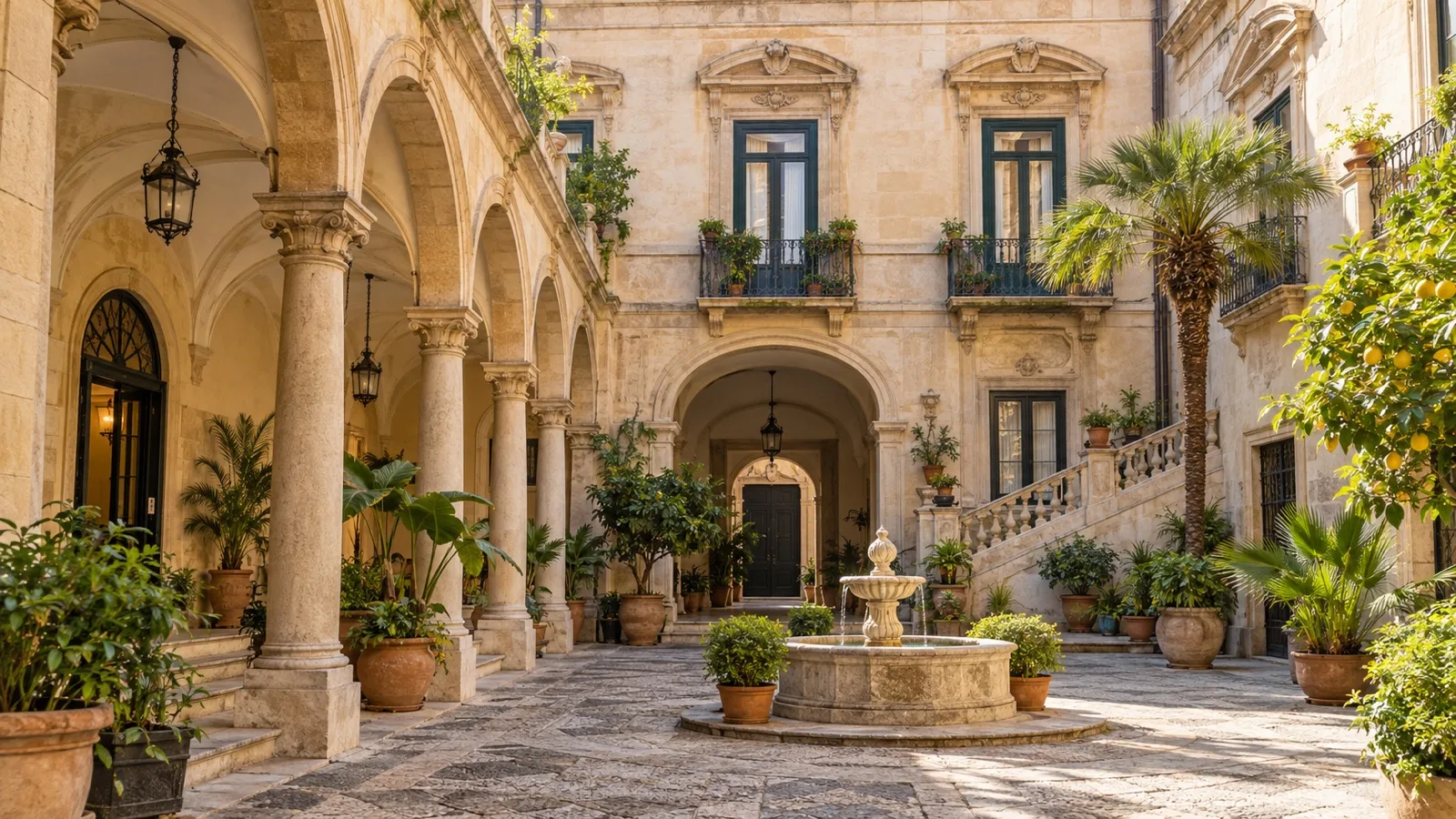 Ornate historic palazzo hotel courtyard in Palermo with Sicilian stone arches, elegant windows and warm daylight