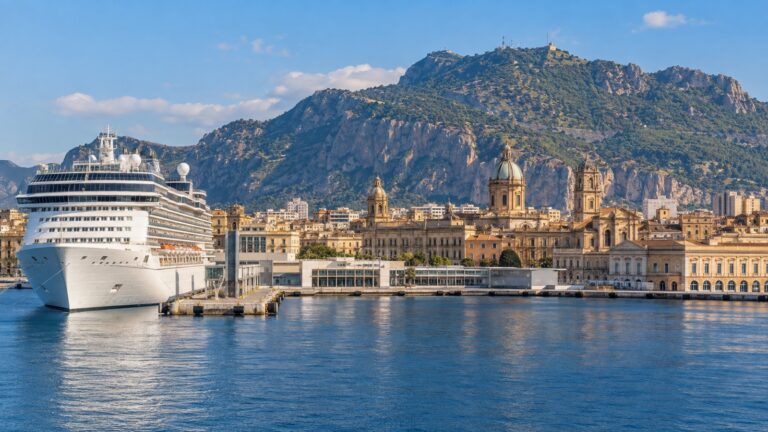 Palermo cruise terminal and port waterfront with a large white cruise ship docked before the historic city and Monte Pellegrino