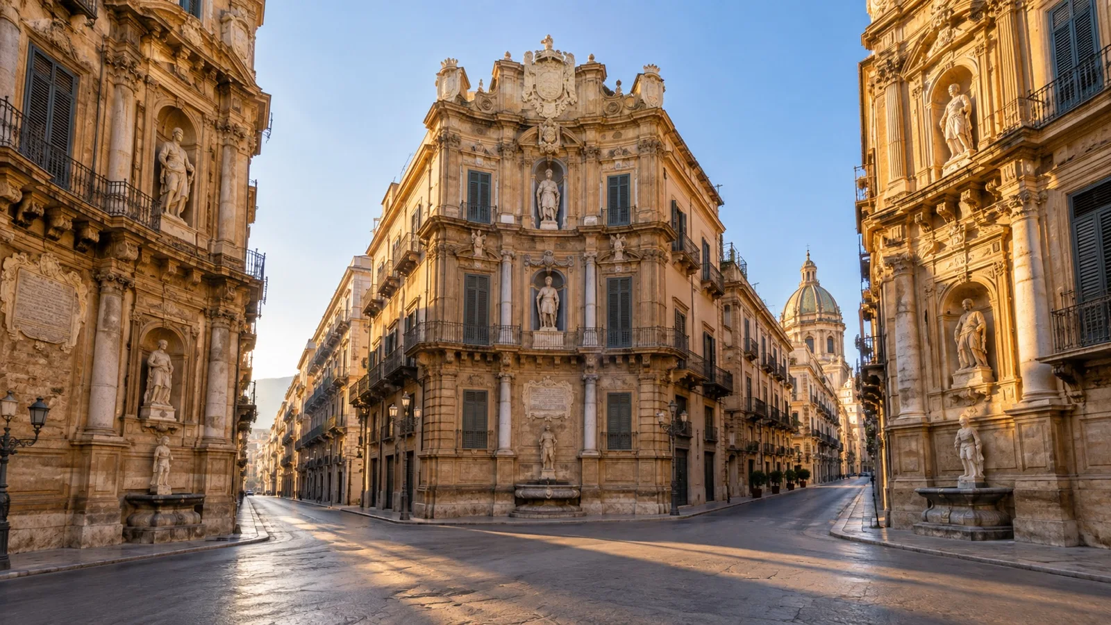 Quattro Canti crossroads in Palermo, four Baroque corner palaces and warm Sicilian light, empty streets
