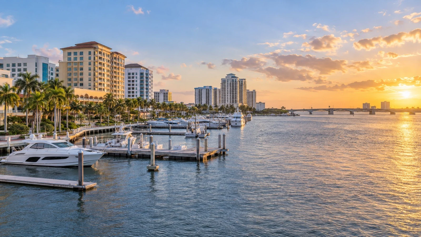 West Palm Beach marina and waterfront hotel district at sunset