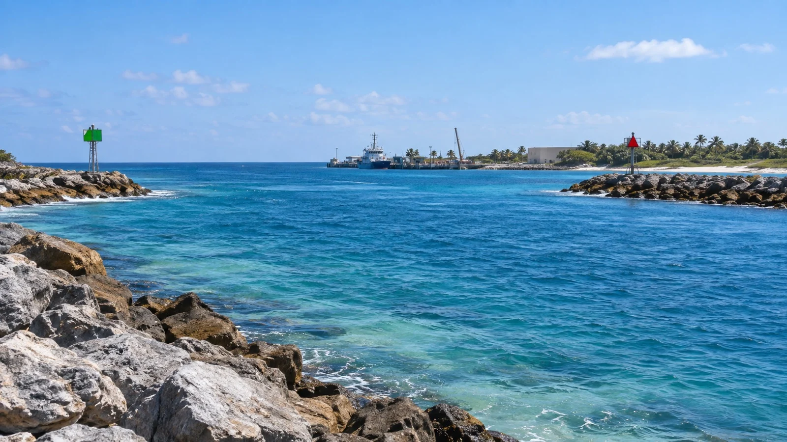 Palm Beach Inlet channel between rocky jetties with a small working port beyond