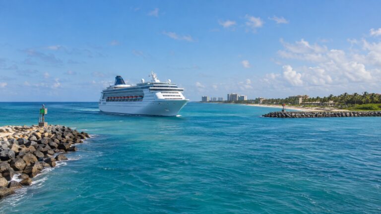 Cruise ship sailing through the Palm Beach Inlet between the jetties