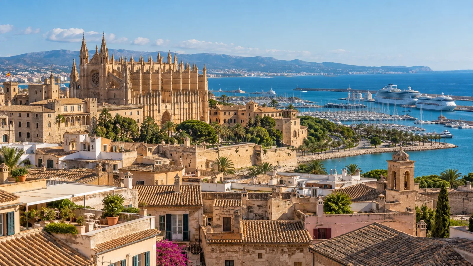 Panoramic Palma old town with La Seu cathedral, hotel rooftops and the Mediterranean cruise harbor