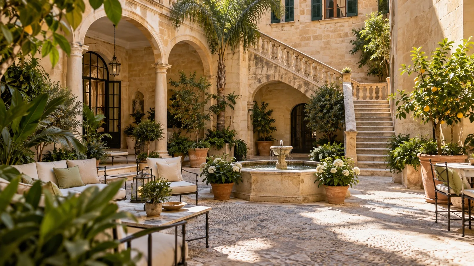 Elegant historic Palma old town hotel courtyard with honey-colored Mallorcan stone and Mediterranean light