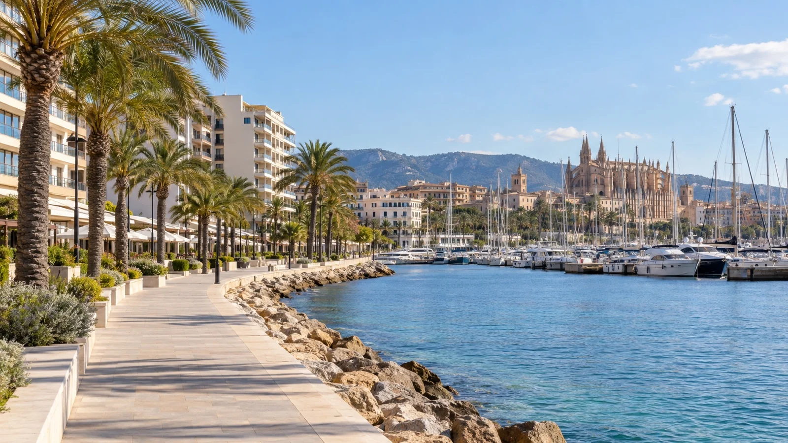 Palma seafront promenade with midrange hotel buildings, marina and Mediterranean water
