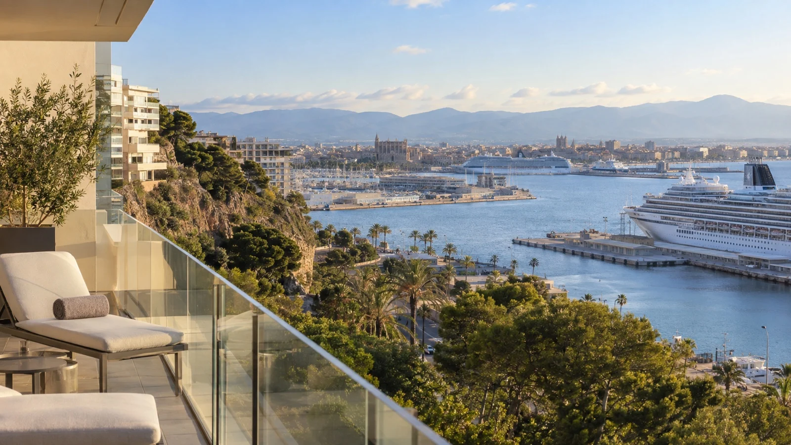 Porto Pi area of Palma with practical modern hotels overlooking the cruise harbor
