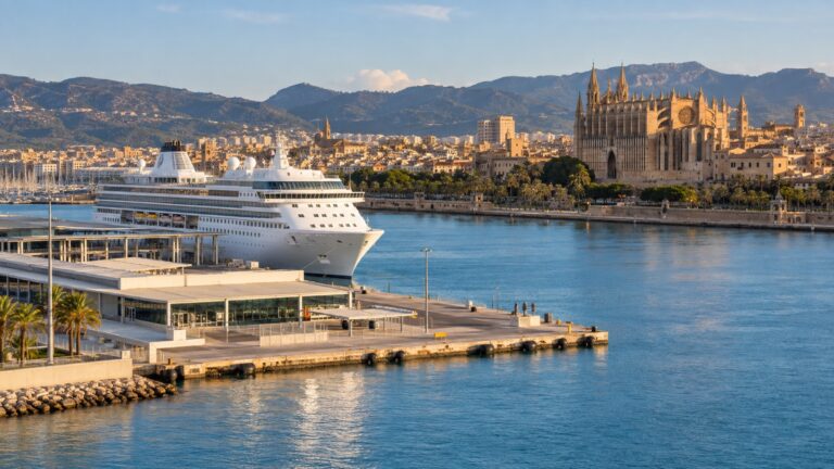 Palma de Mallorca cruise terminal at Port de Palma with a white cruise ship docked and the Gothic cathedral across the bay
