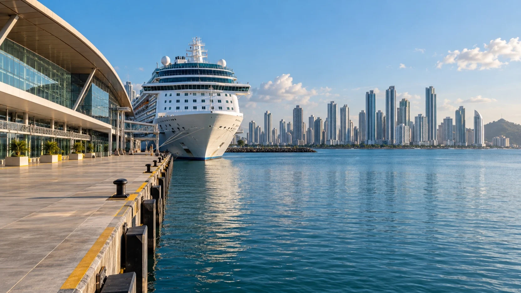 Cruise ship at Panama City's Pacific terminal by the skyline