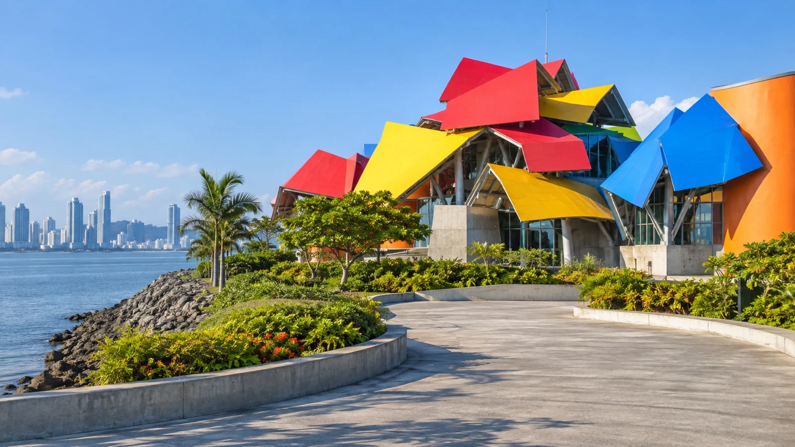 Colorful angular Biomuseo building on Panama City’s Amador Causeway