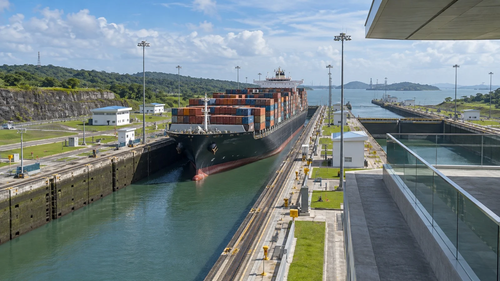 Cargo ship passing through Agua Clara Locks on the Panama Canal