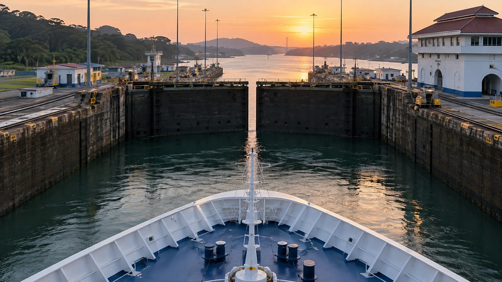 View from ship deck inside Panama Canal lock