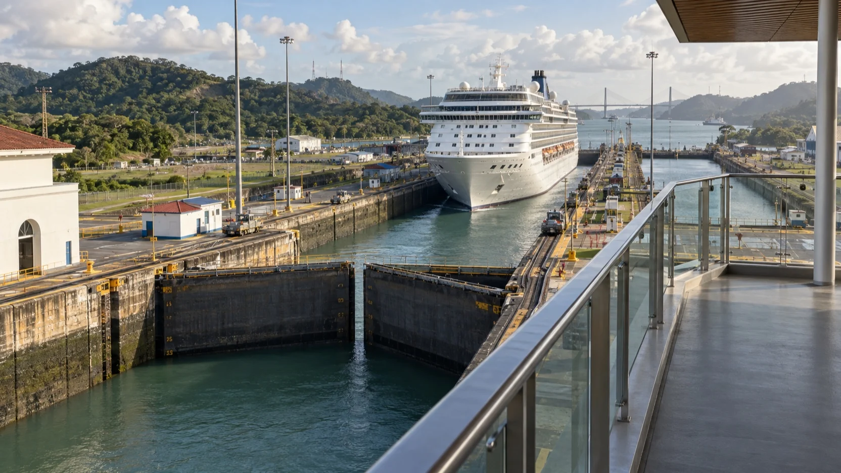 Cruise ship and lock gates viewed from an empty Panama Canal deck