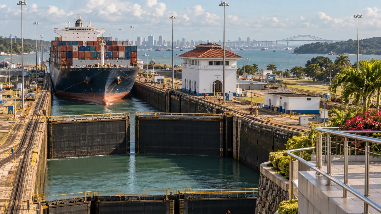 Cargo ship entering Miraflores Locks on the Panama Canal