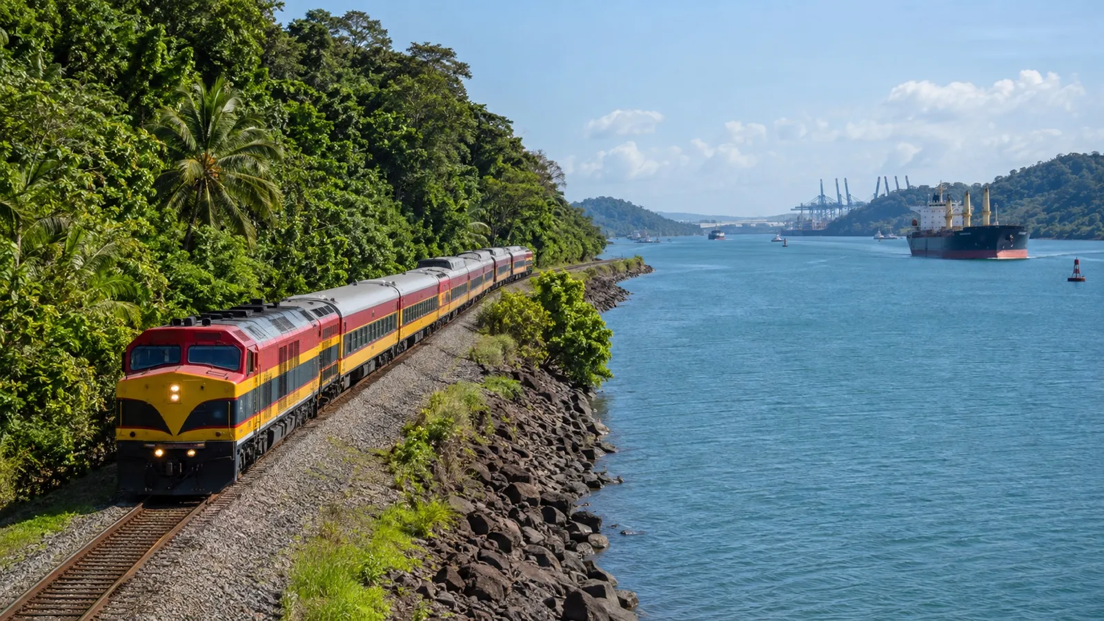 Passenger train beside the Panama Canal near Colón