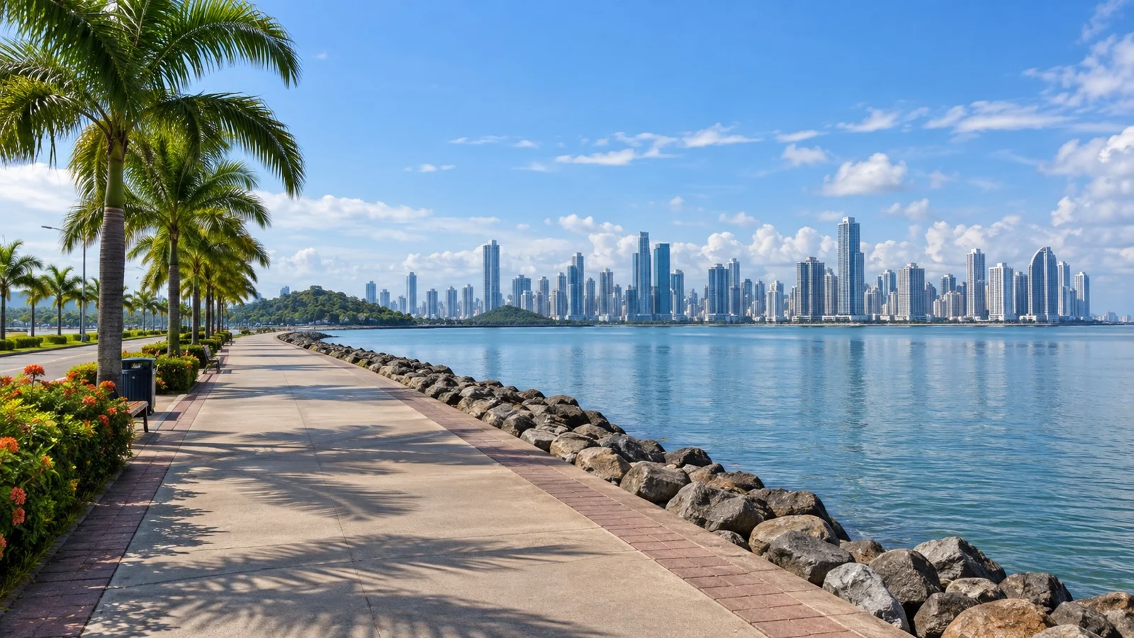 Palm-lined Amador Causeway beside Panama Bay and the city skyline