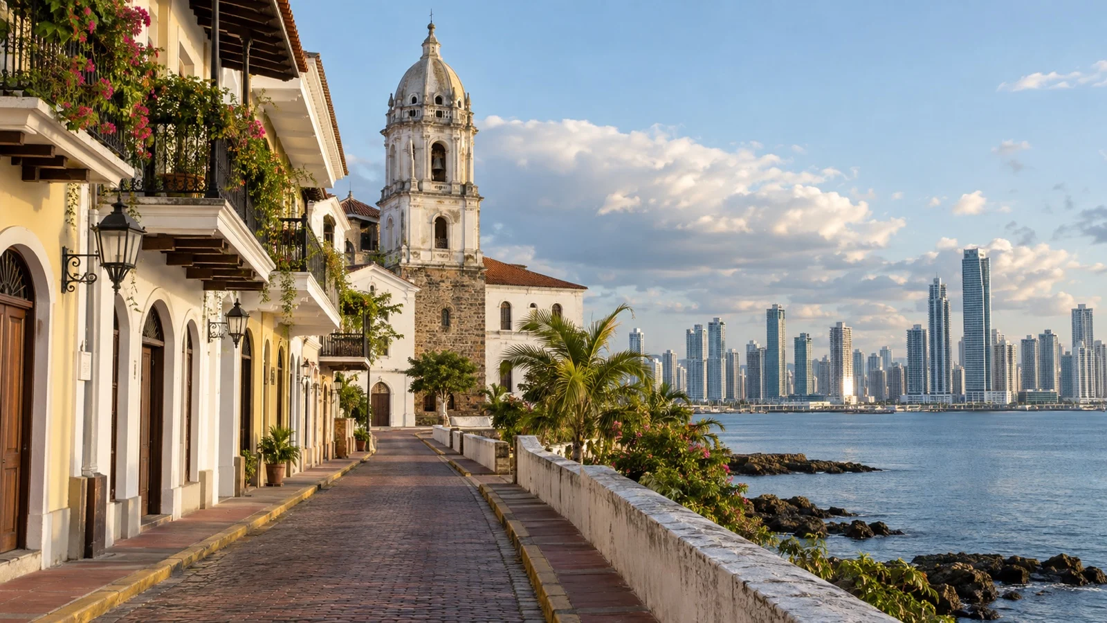 Historic street in Panama City’s Casco Antiguo with skyline beyond
