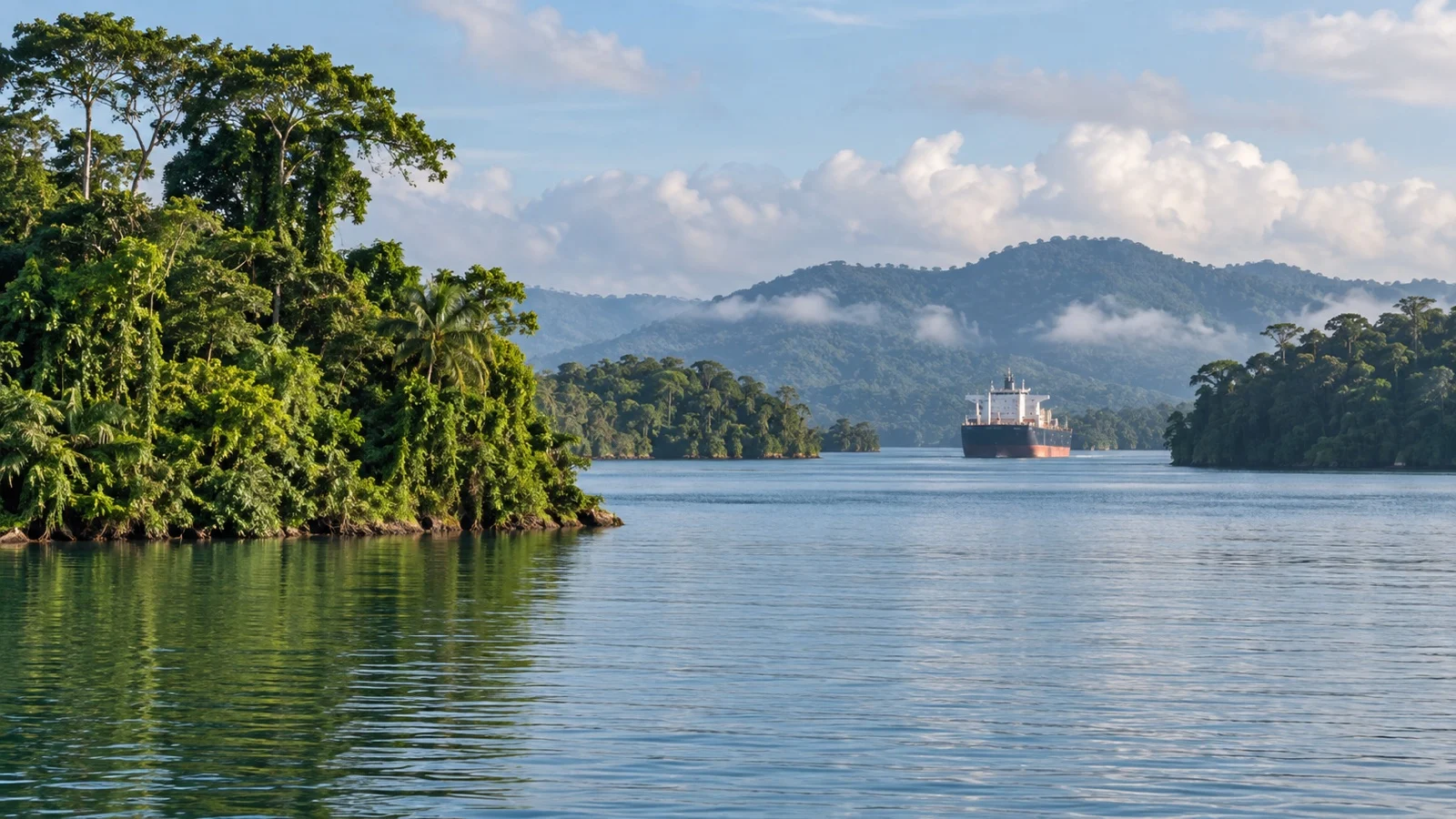 Gatún Lake bordered by rainforest along the Panama Canal