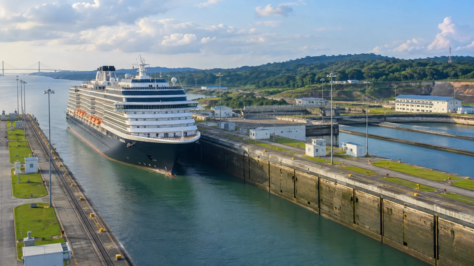 Large ship passing new Panama Canal locks